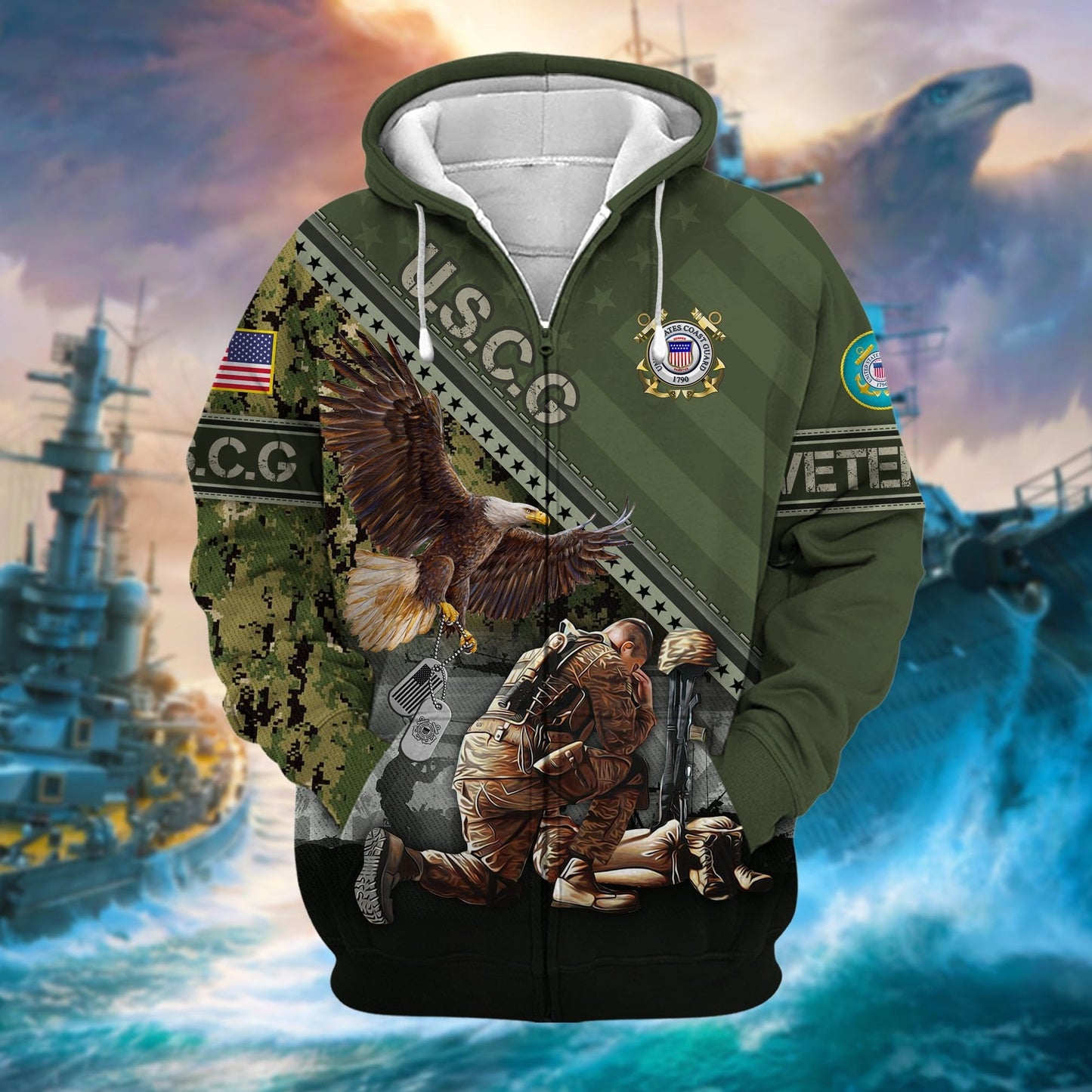 Frenzidea Premium Proudly Served US Veteran Zip Hoodie