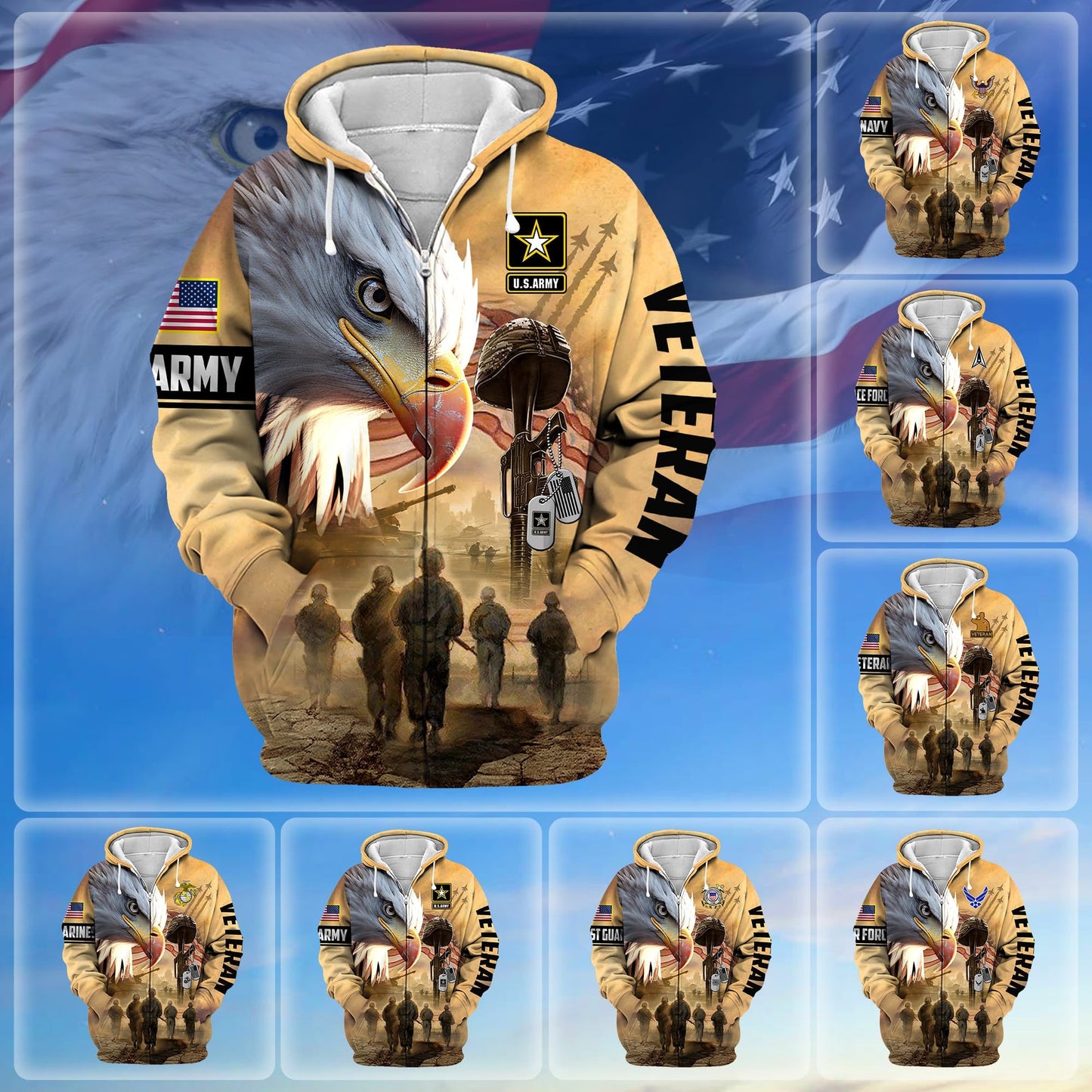 Frenzidea Premium Honoring All Who Served US Veteran Zip Hoodie