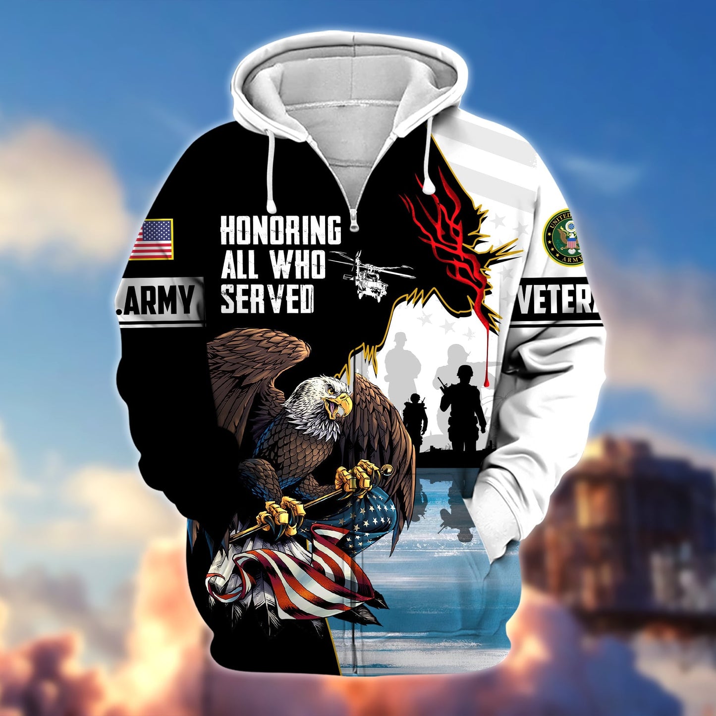Frenzidea Premium Honoring All Who Served US Veteran Zip Hoodie