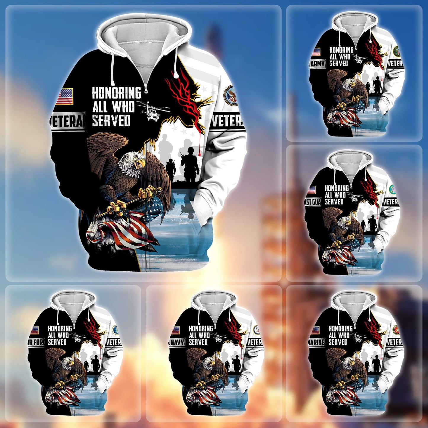 Frenzidea Premium Honoring All Who Served US Veteran Zip Hoodie
