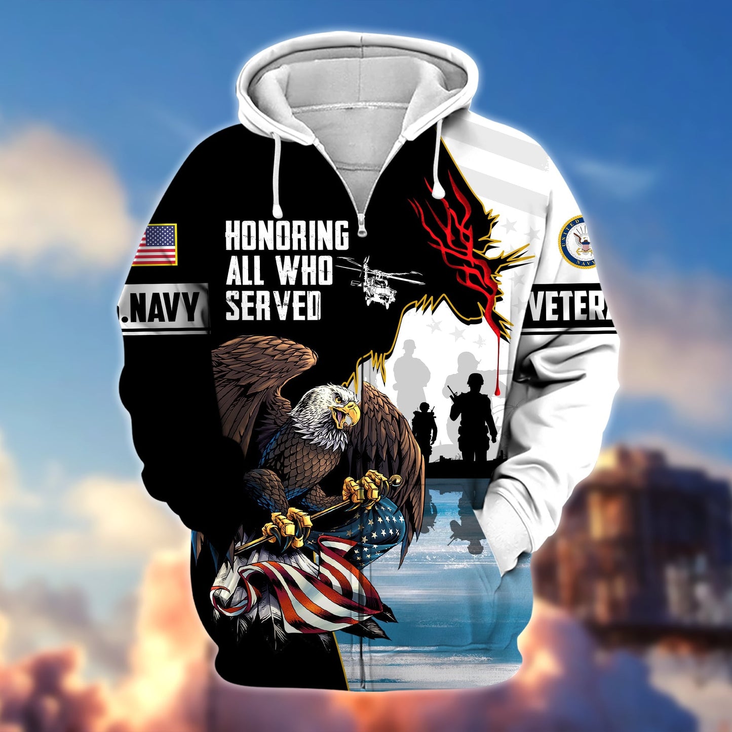 Frenzidea Premium Honoring All Who Served US Veteran Zip Hoodie