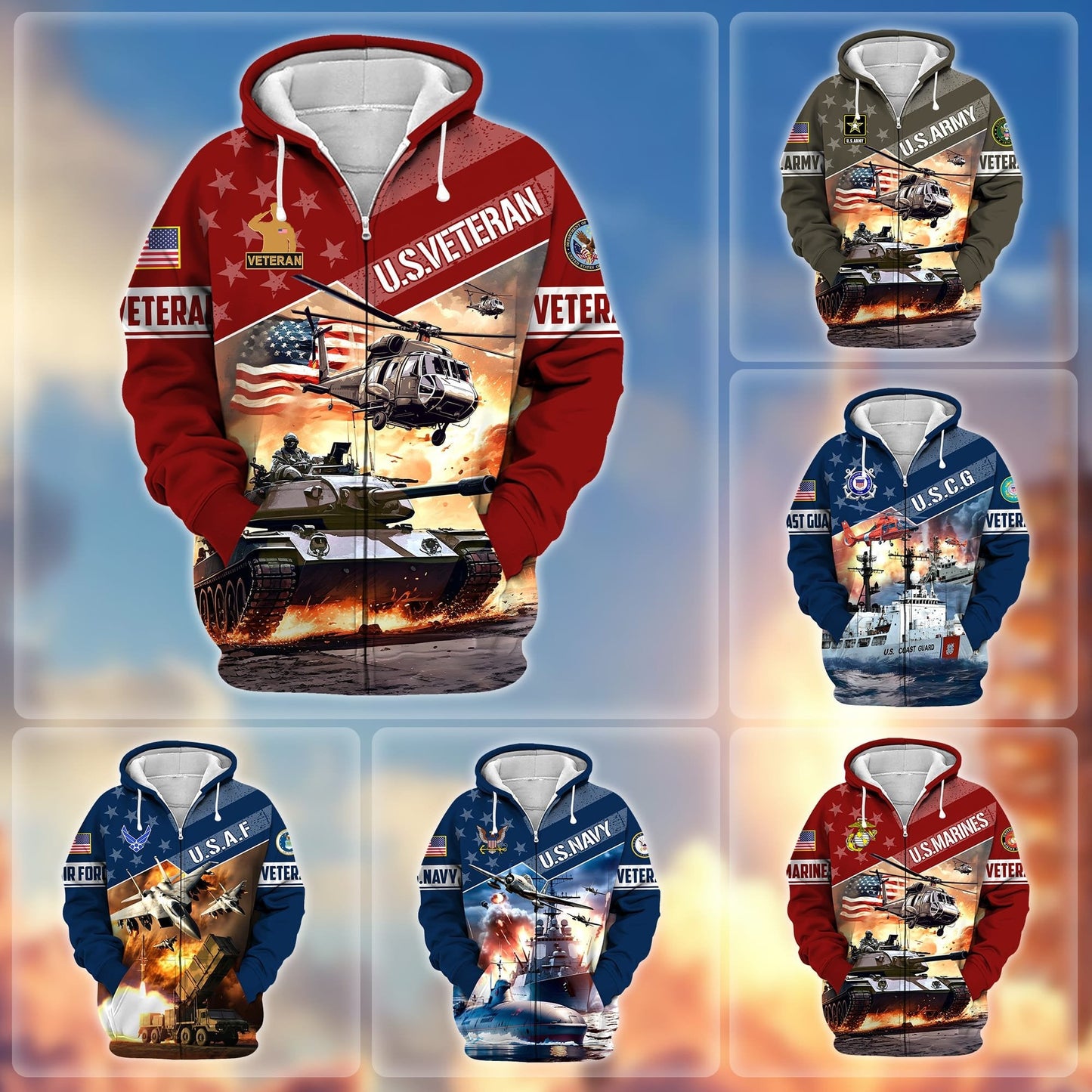Frenzidea Premium Multiple Military Services US Veteran Zip Hoodie