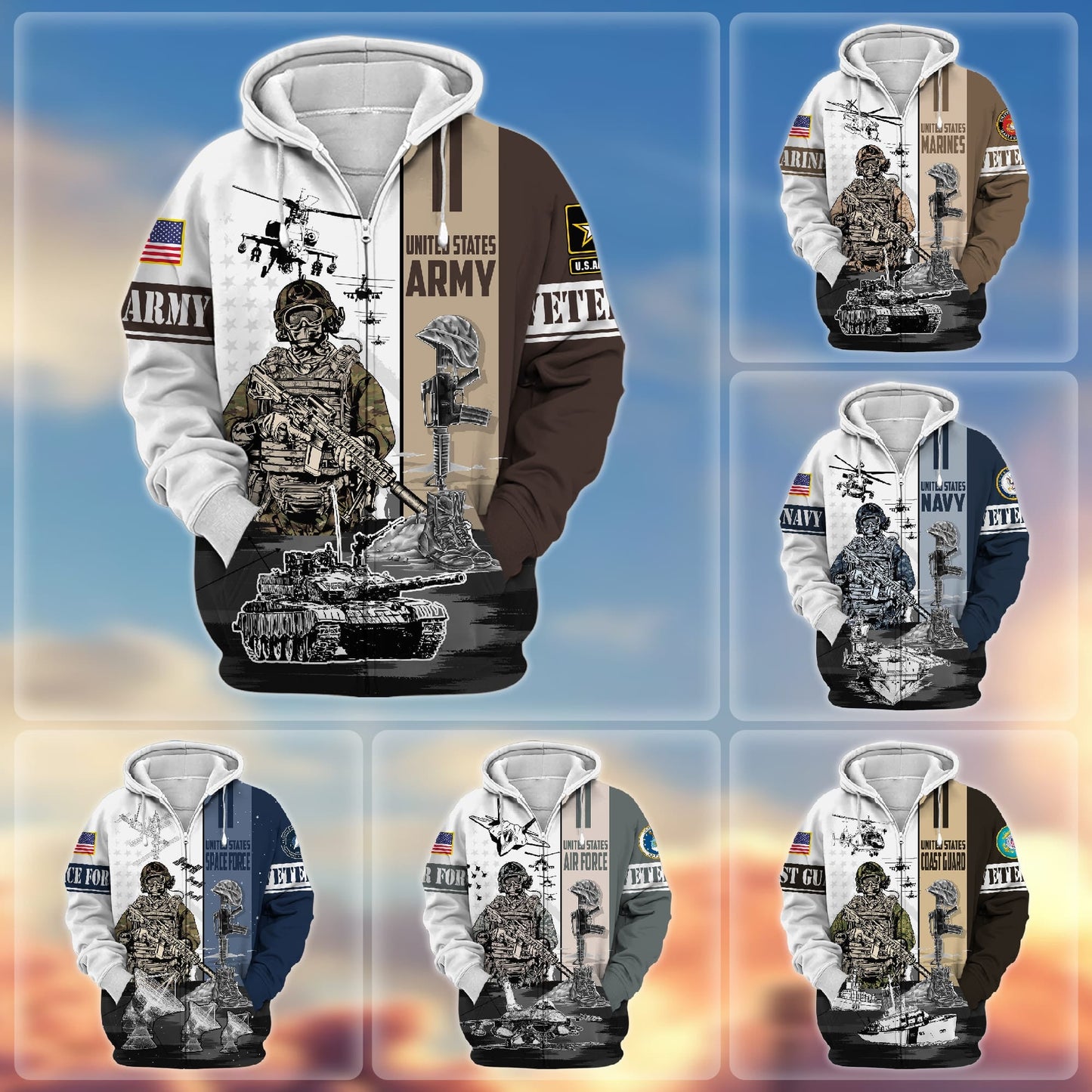 Frenzidea Premium Honoring All Who Served US Veteran Zip Hoodie