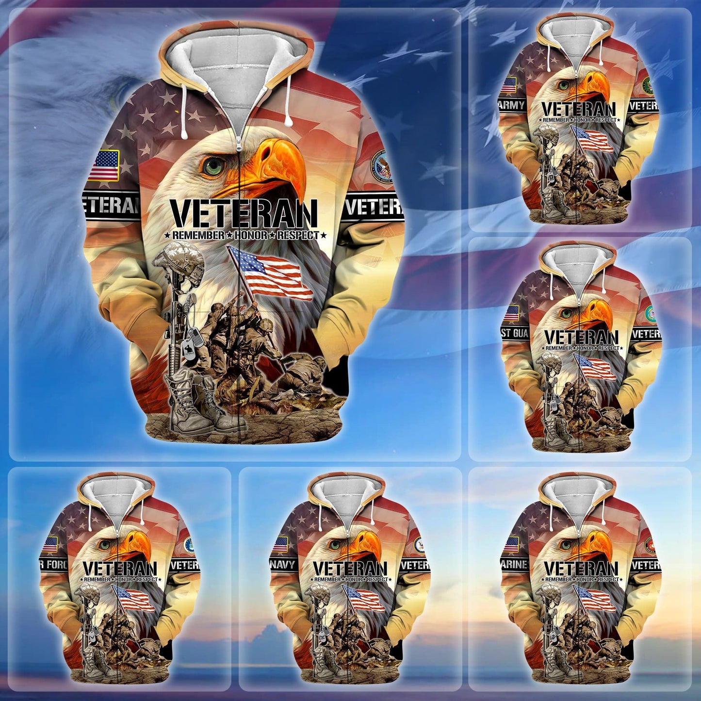 Frenzidea Premium Honoring All Who Served US Veteran Zip Hoodie
