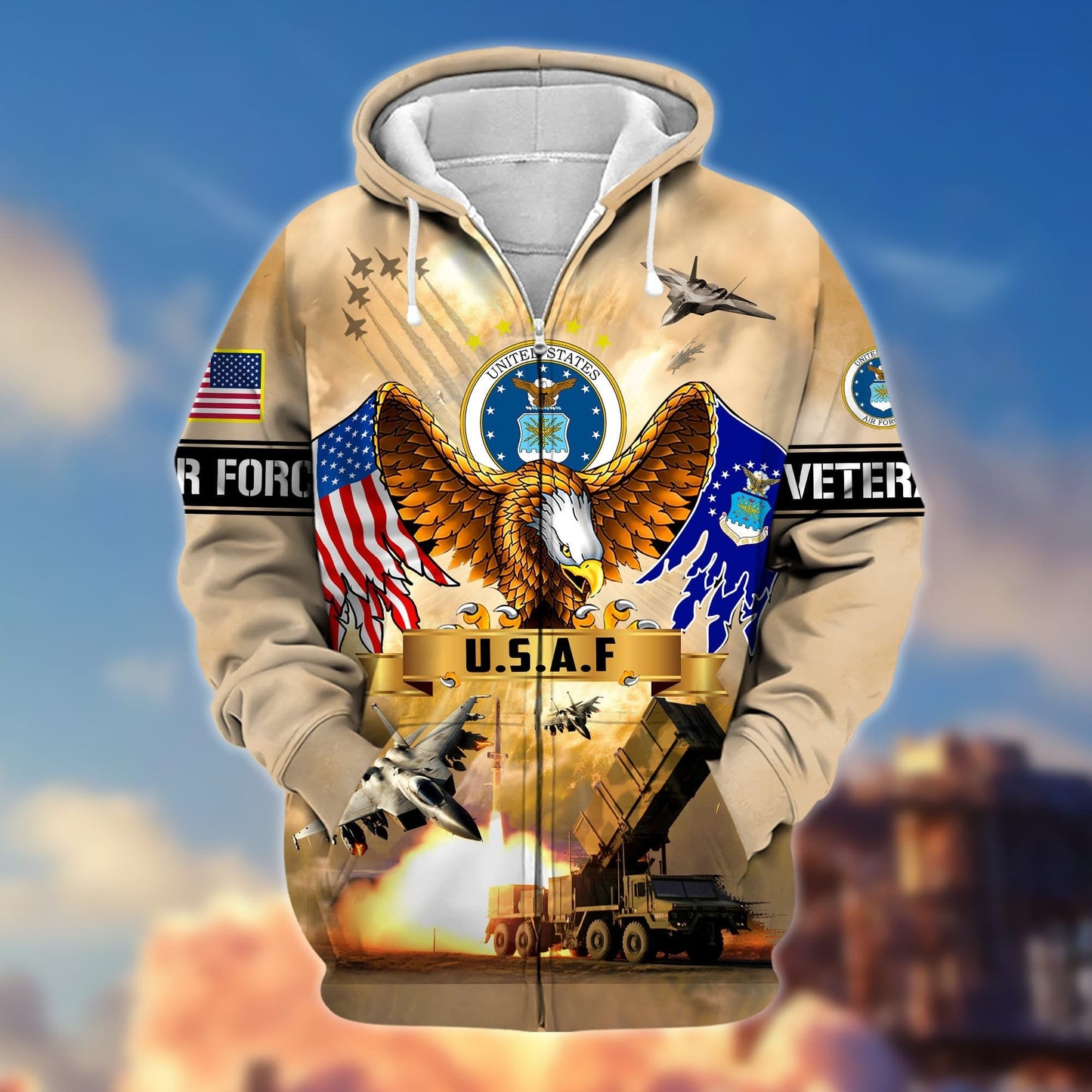 Frenzidea Premium Land Of The Free US Veteran Zip Hoodie