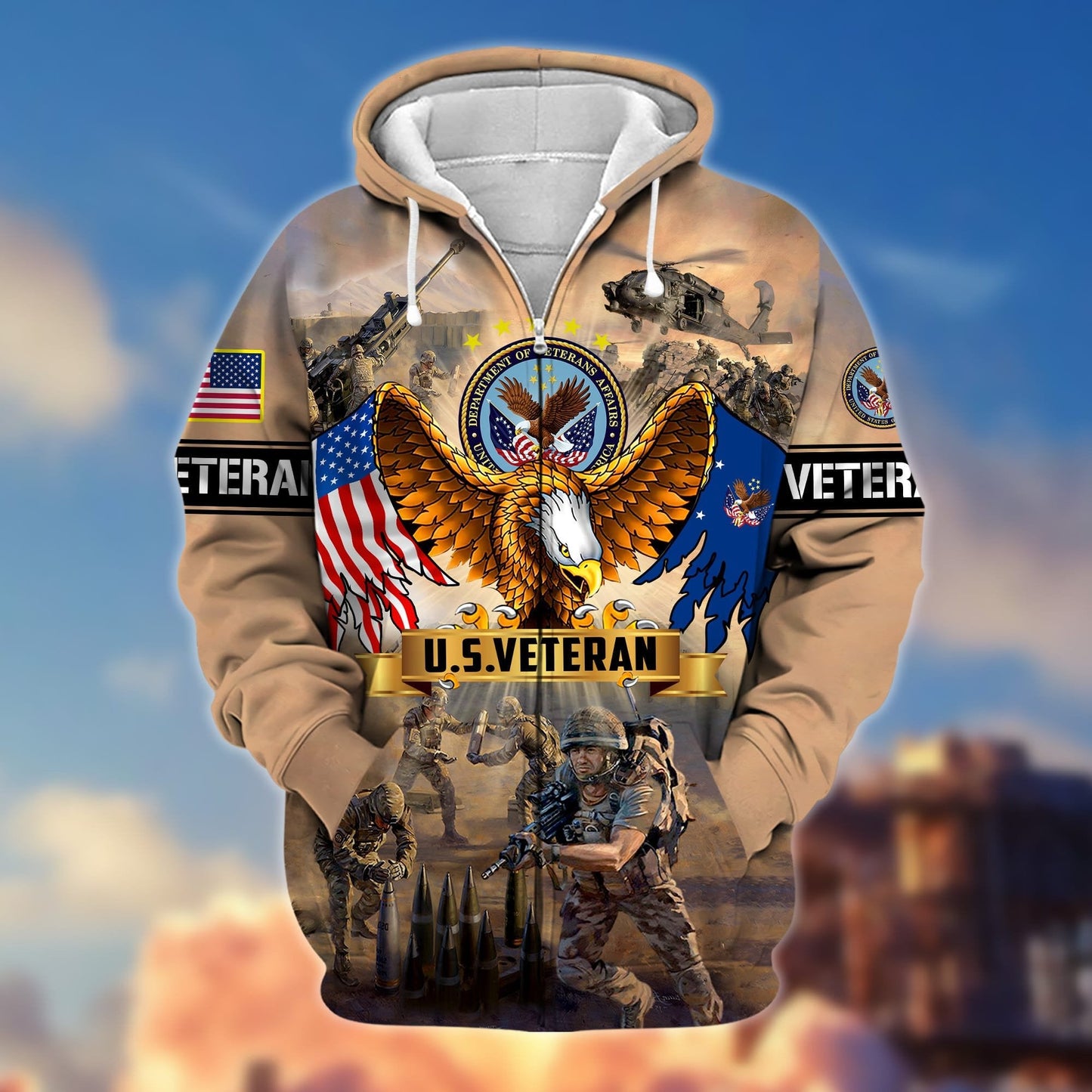 Frenzidea Premium Land Of The Free US Veteran Zip Hoodie