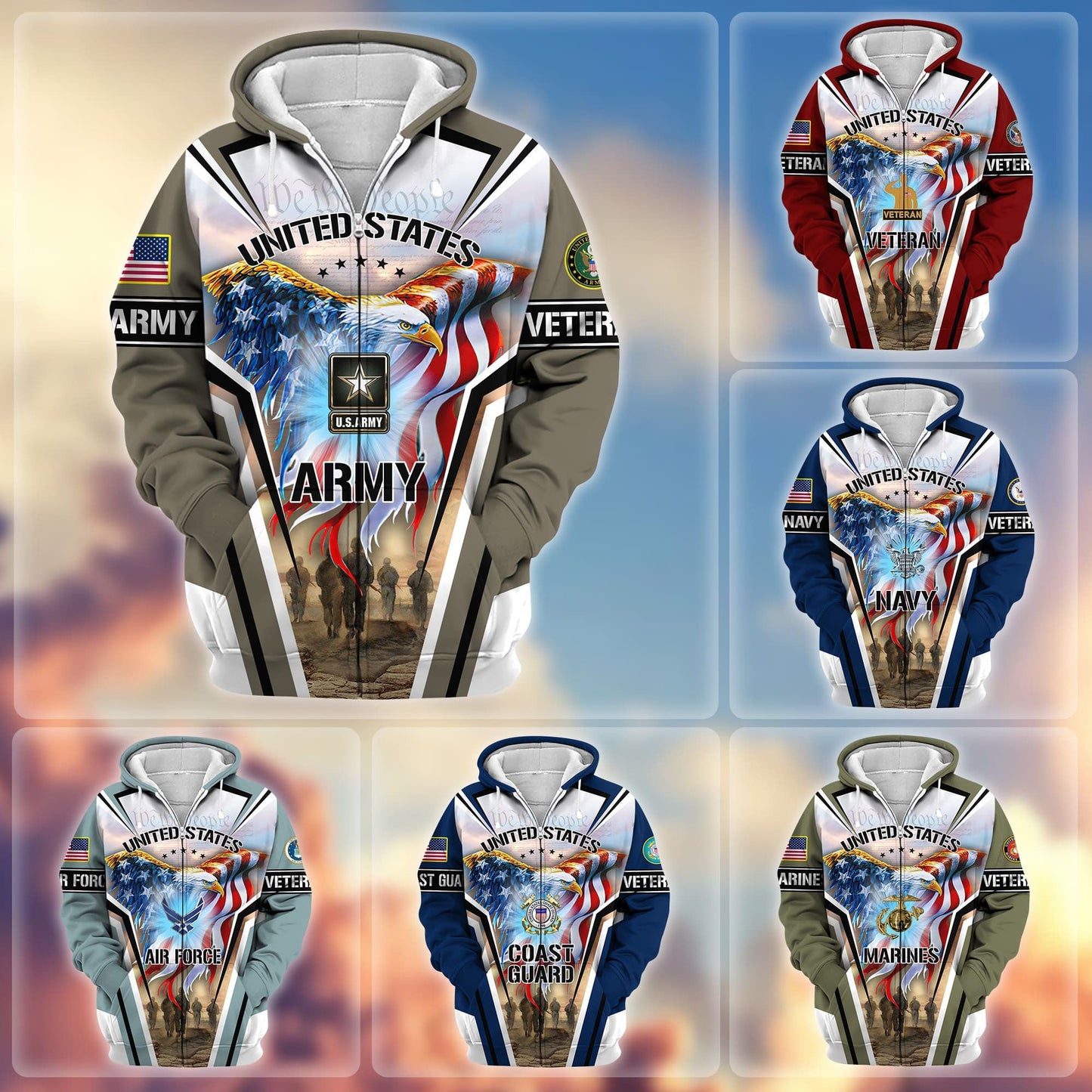 Frenzidea Premium Honoring All Who Served US Veteran Zip Hoodie