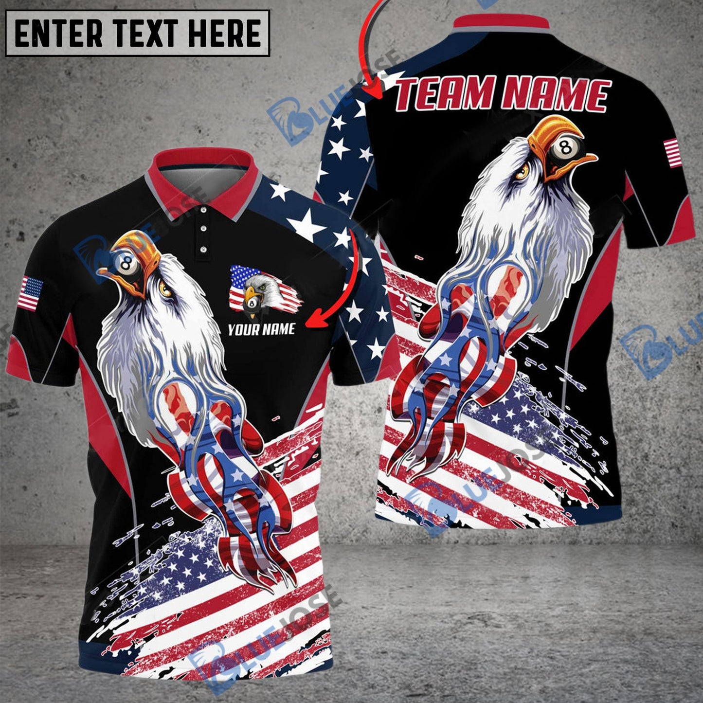 Frenzidea Billiards Ball 8 US Flag Eagle Personalized Name, Team Name Unisex Shirt ( 4 Colors )