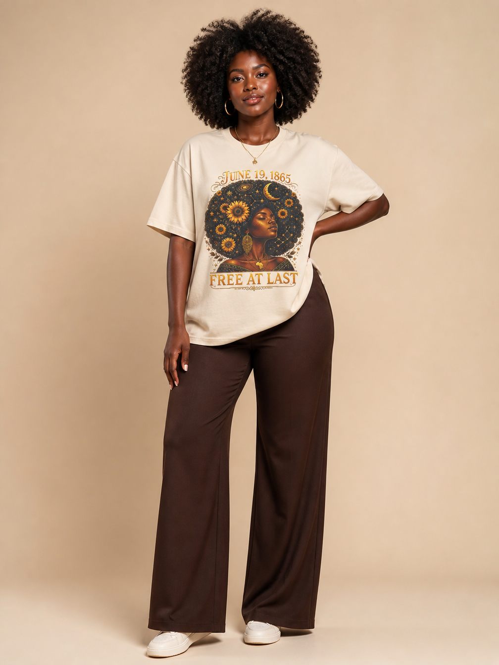 Free At Last Juneteenth: Celestial Afro Melanin Queen Graphic T-Shirt - RootednLoud
