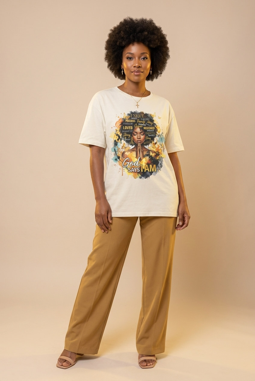 God Says I Am: Black Queen Christian Affirmations Graphic T-Shirt - RootednLoud