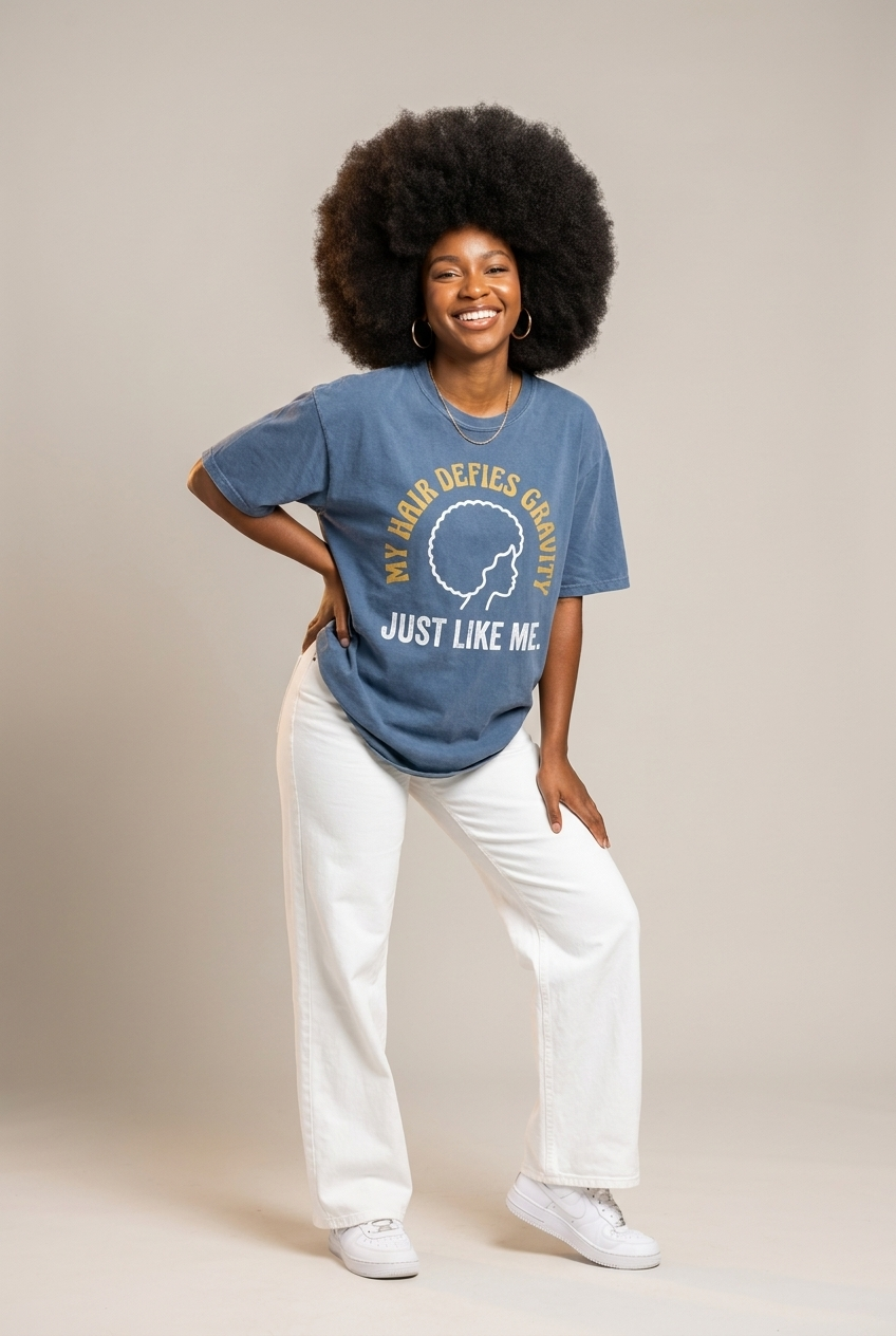 My Hair Defies Gravity Just Like Me: Black Girl Magic Afro Graphic T-Shirt - RootednLoud