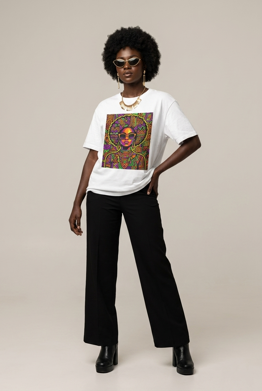 Neon Tribal Queen: Afrocentric Pop Art Black Woman Graphic T-Shirt - RootednLoud