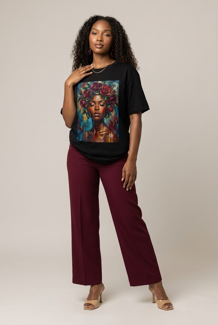 Painted Queen: Oil Painting Floral Black Woman Graphic T-Shirt - RootednLoud