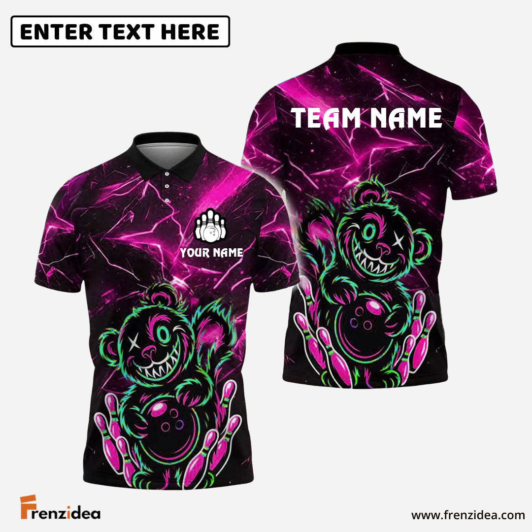 Frenzidea Bowling And Pins Crazy Bear with Ball & Pins Customized Name 3D Shirt (4 Colors)
