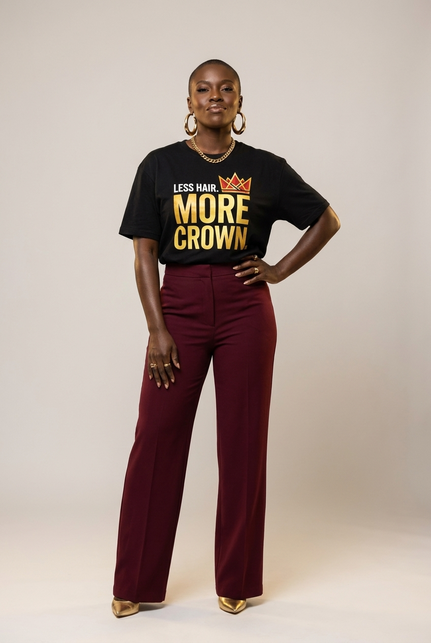 Bald & Proud: Less Hair More Crown Golden Typography Graphic T-Shirt - RootednLoud