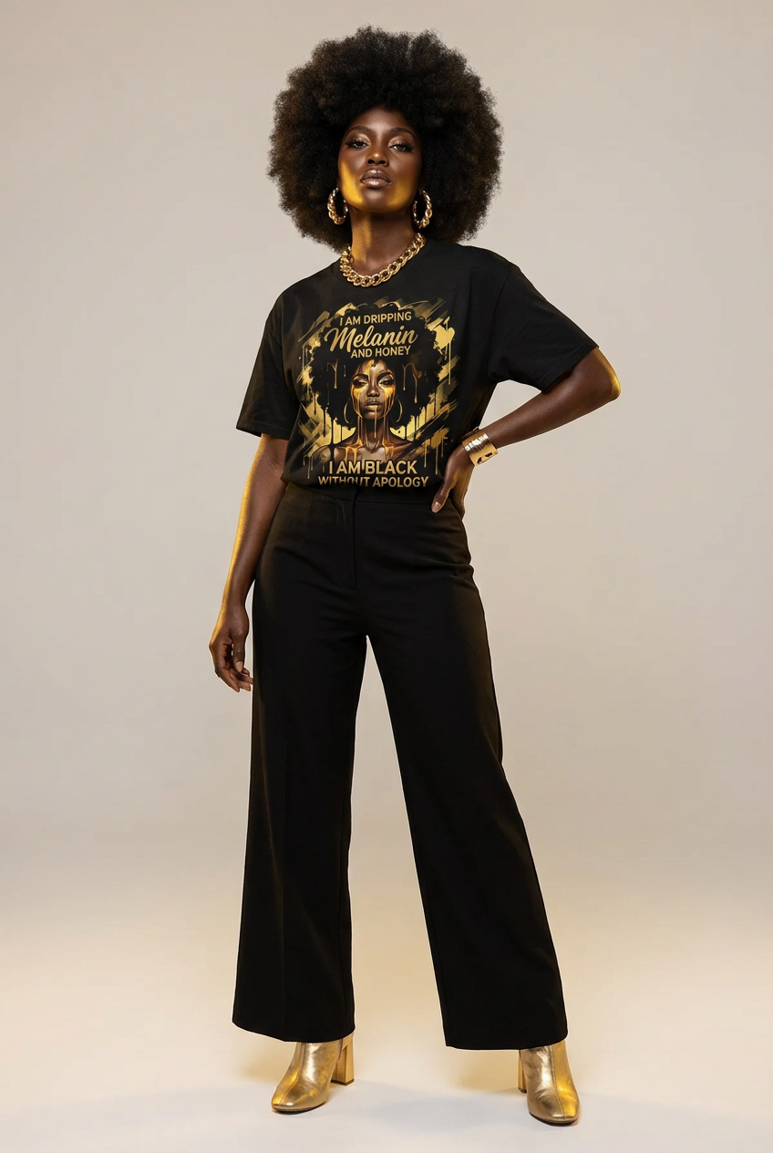 Dripping Melanin and Honey: Black Queen Gold Edition Graphic T-Shirt - RootednLoud