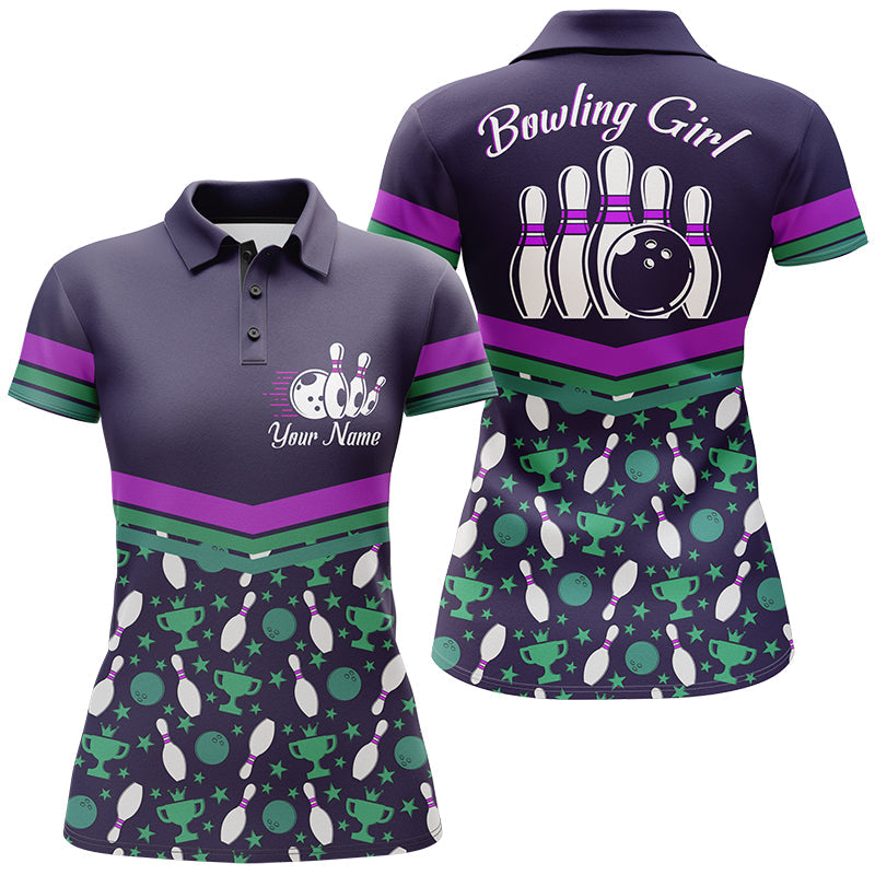 Frenzideas Purple Bowling Ball And Pins Pattern Customized Name All Over Printed Shirt For Women