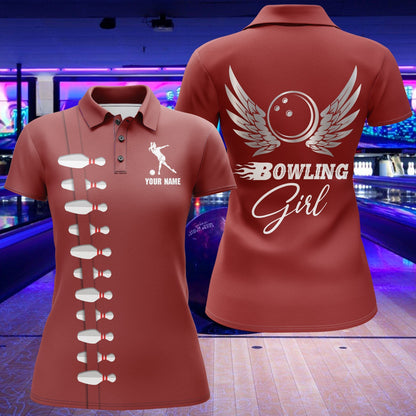 Frenzidea Red Bowling Girl Beautiful Wings Premium Customized Name 3D Shirt For Women