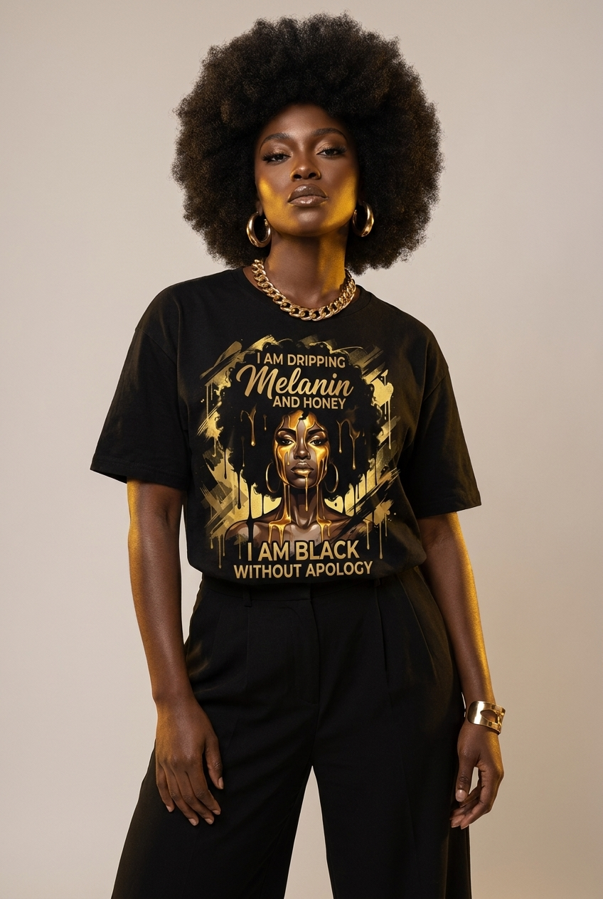 Dripping Melanin and Honey: Black Queen Gold Edition Graphic T-Shirt - RootednLoud