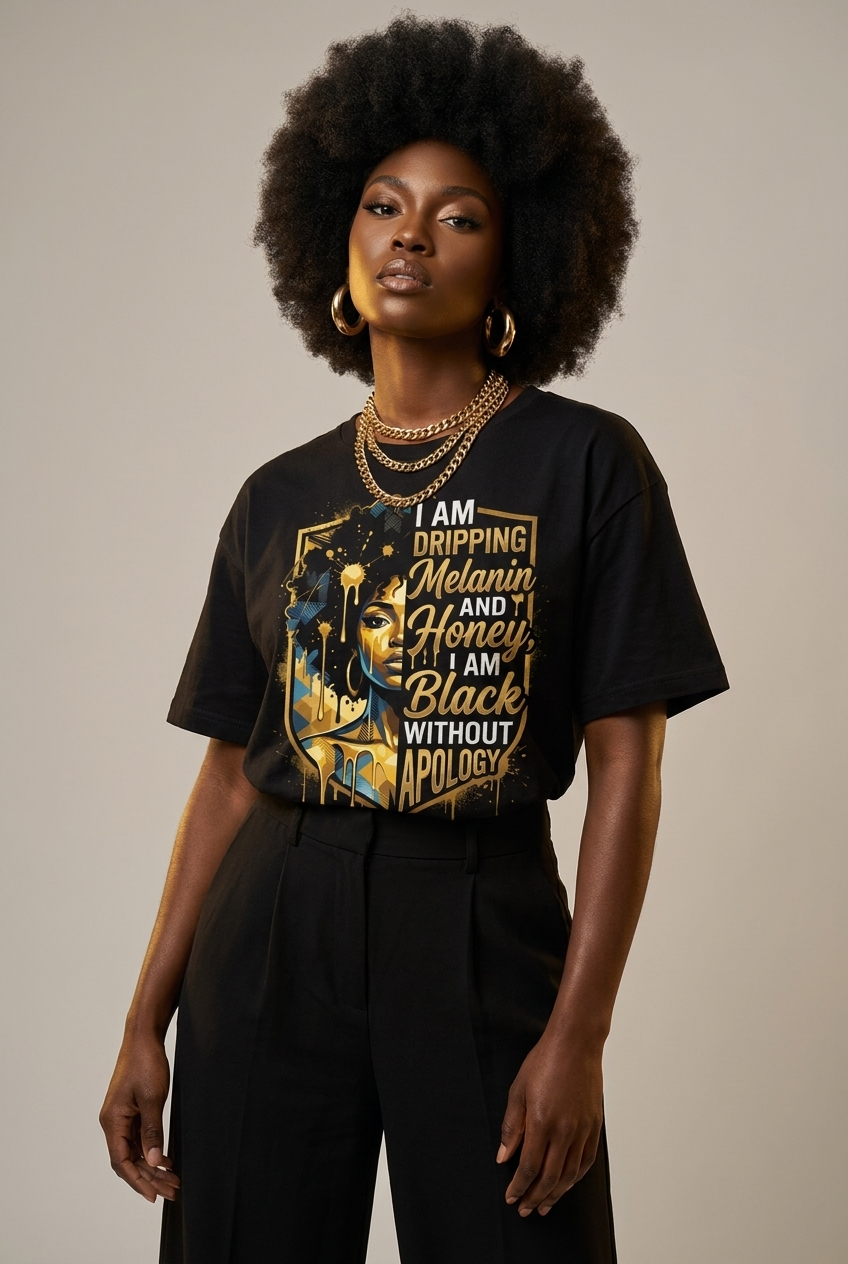 The Royal Shield: Dripping Melanin and Honey Black Queen Graphic T-Shirt - RootednLoud