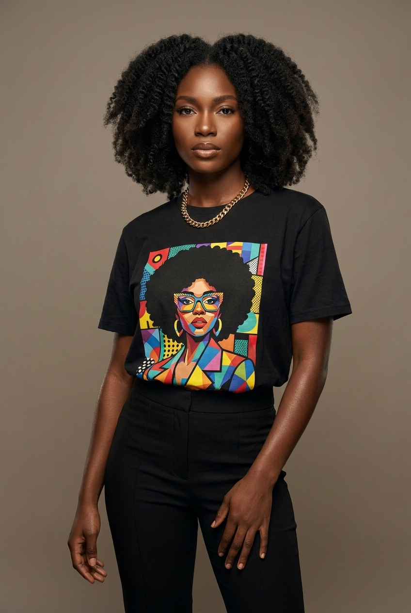 Black Queen Pop Art: Geometric Afro Portrait Graphic T-Shirt - RootednLoud