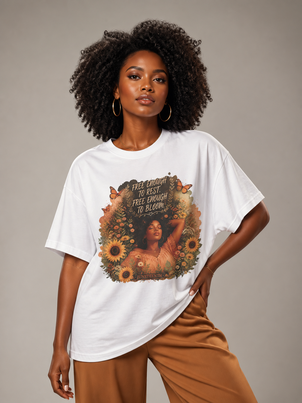 Free Enough To Rest: Juneteenth Floral Melanin Queen Graphic T-Shirt - RootednLoud