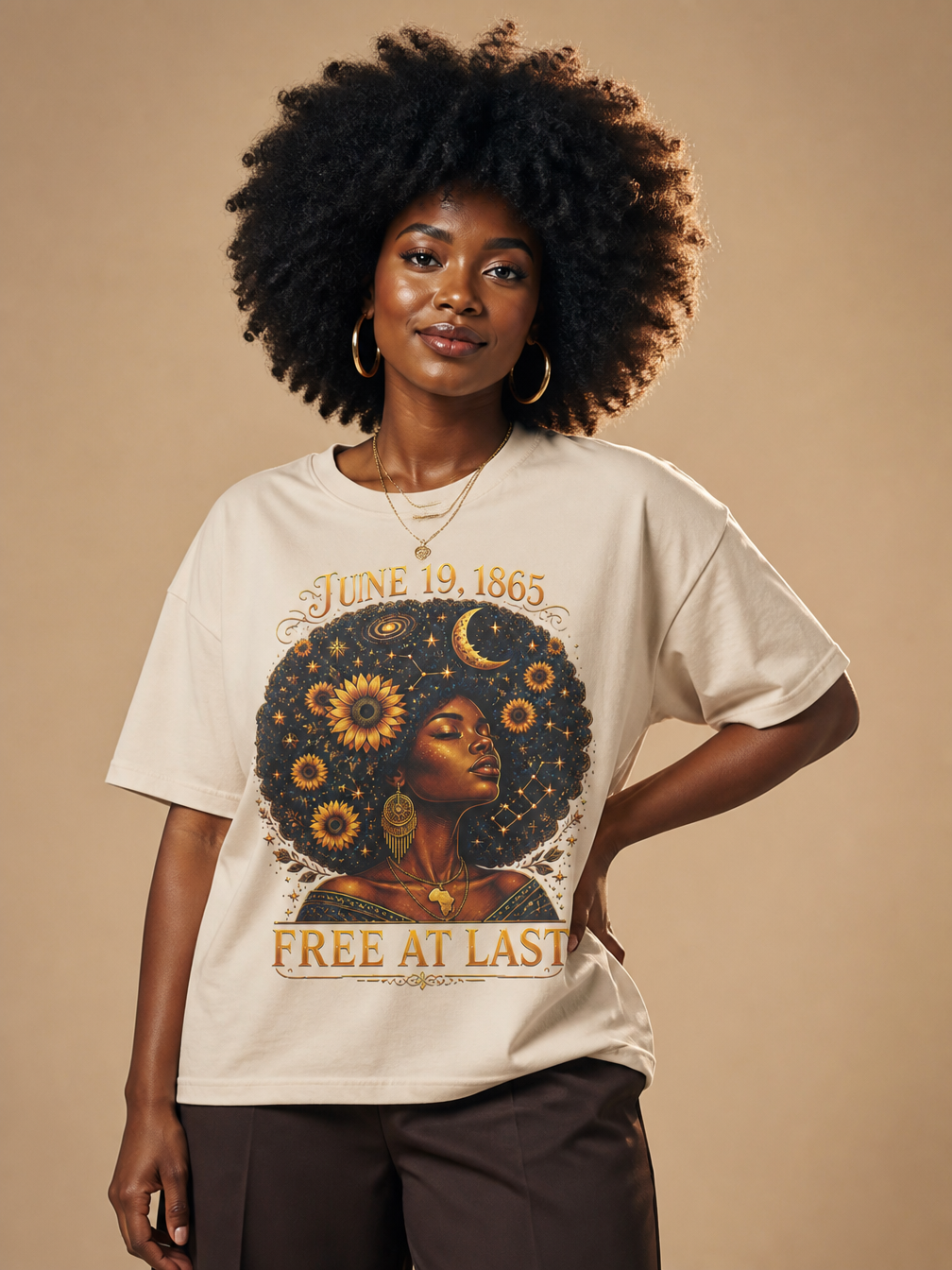 Free At Last Juneteenth: Celestial Afro Melanin Queen Graphic T-Shirt - RootednLoud