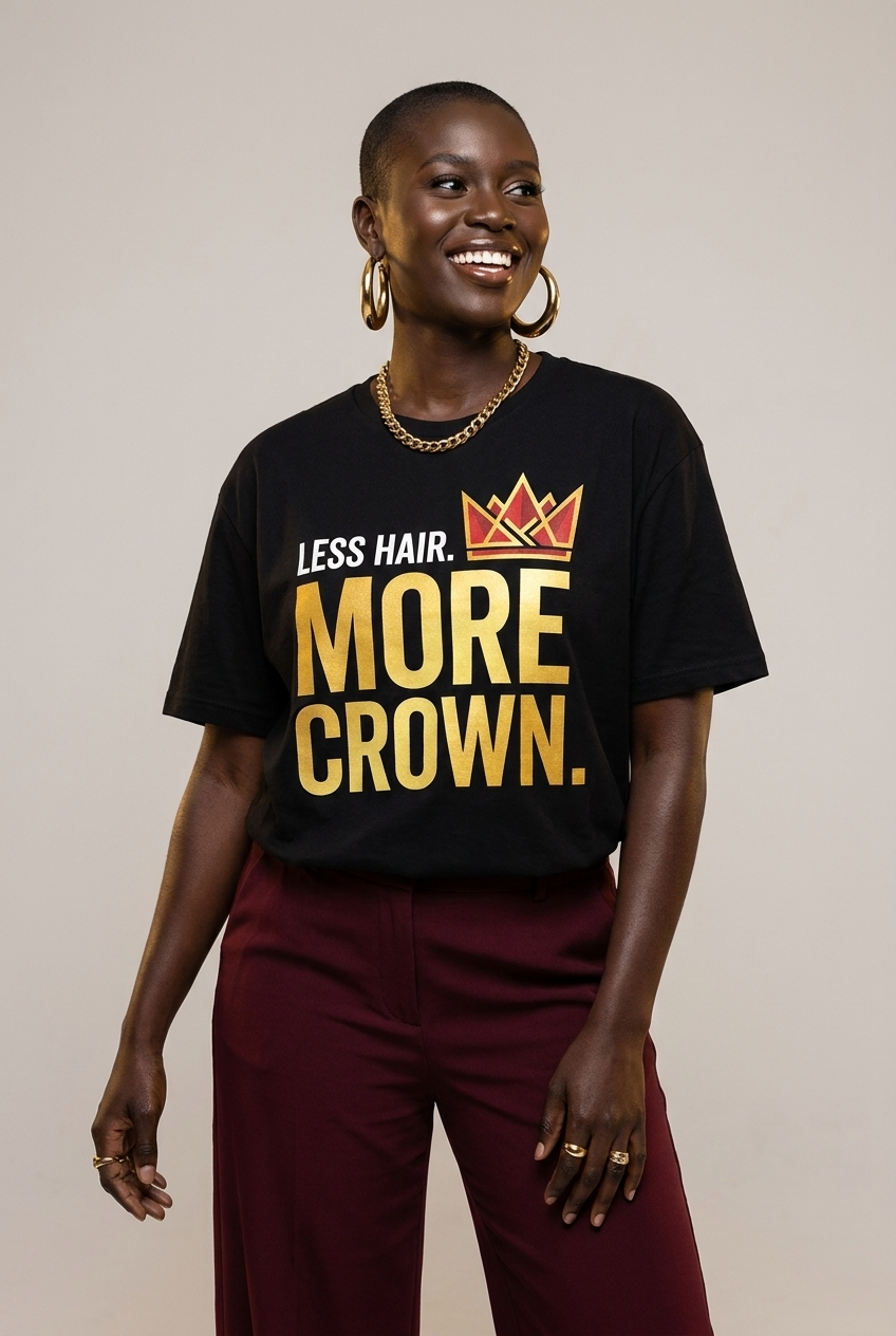 Bald & Proud: Less Hair More Crown Golden Typography Graphic T-Shirt - RootednLoud