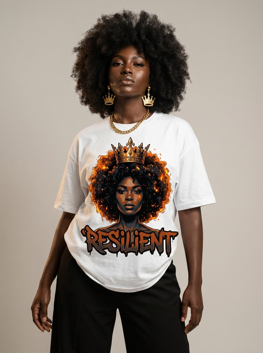 Resilient Black Queen: Fire Afro Crown Graphic T-Shirt - RootednLoud