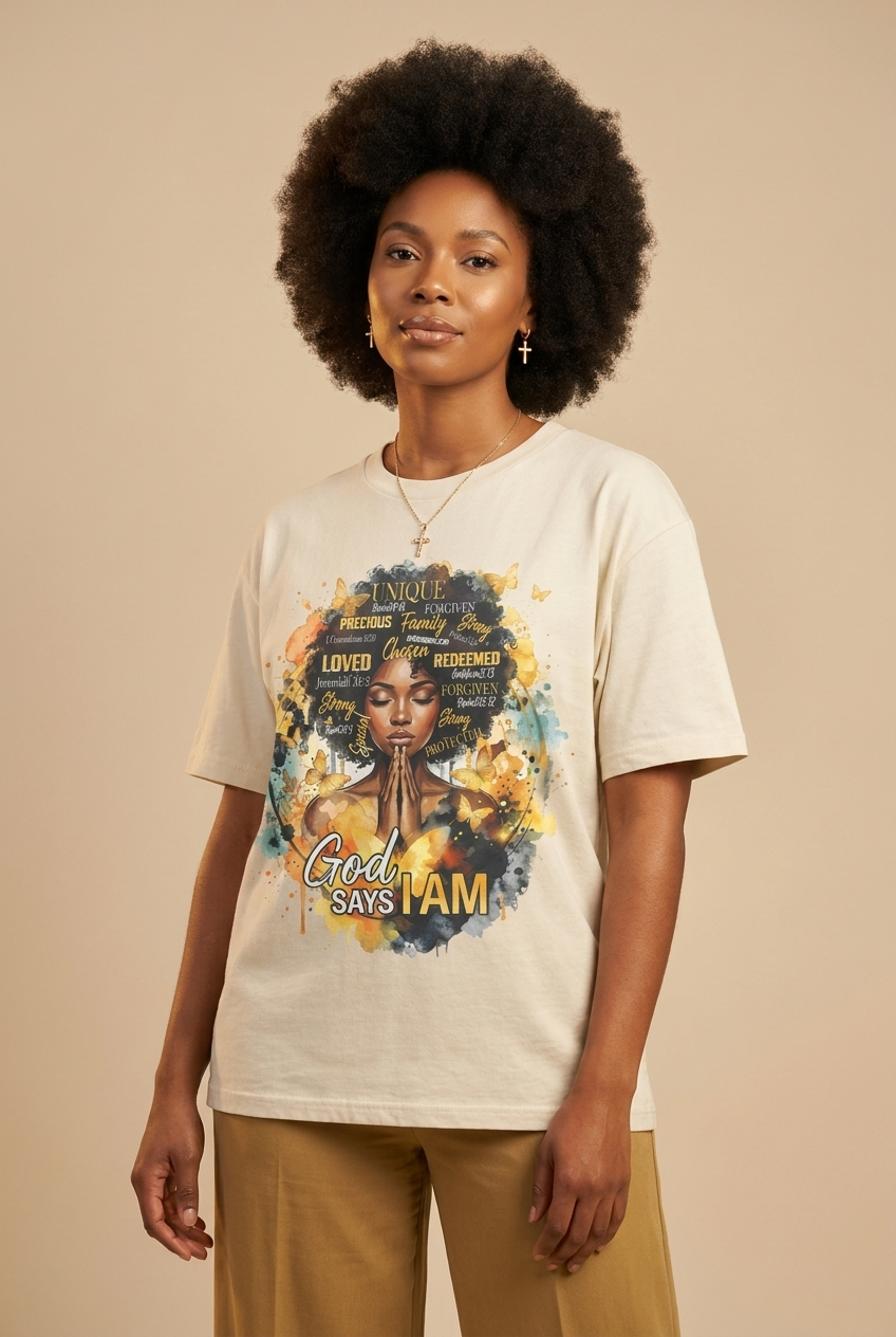 God Says I Am: Black Queen Christian Affirmations Graphic T-Shirt - RootednLoud