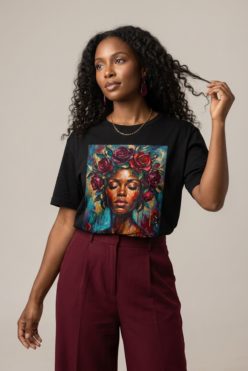 Painted Queen: Oil Painting Floral Black Woman Graphic T-Shirt - RootednLoud