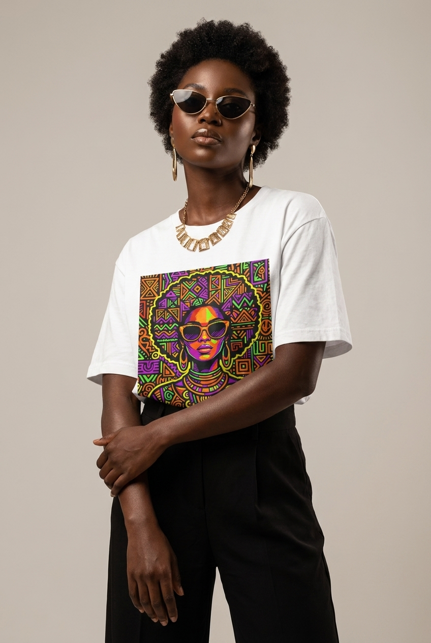 Neon Tribal Queen: Afrocentric Pop Art Black Woman Graphic T-Shirt - RootednLoud