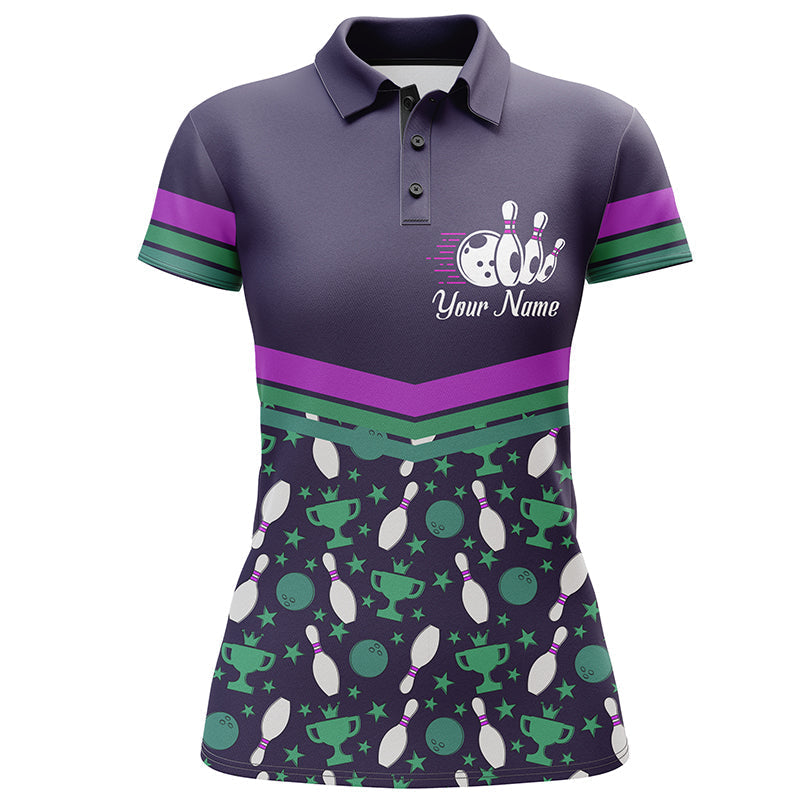 Frenzideas Purple Bowling Ball And Pins Pattern Customized Name All Over Printed Shirt For Women