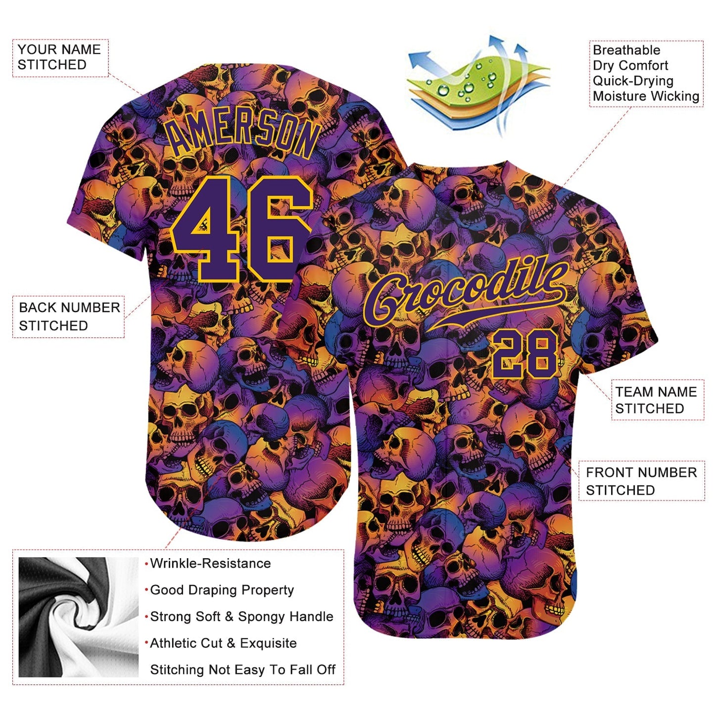 Frenzidea Custom 3D Pattern Halloween Skulls Baseball Jersey