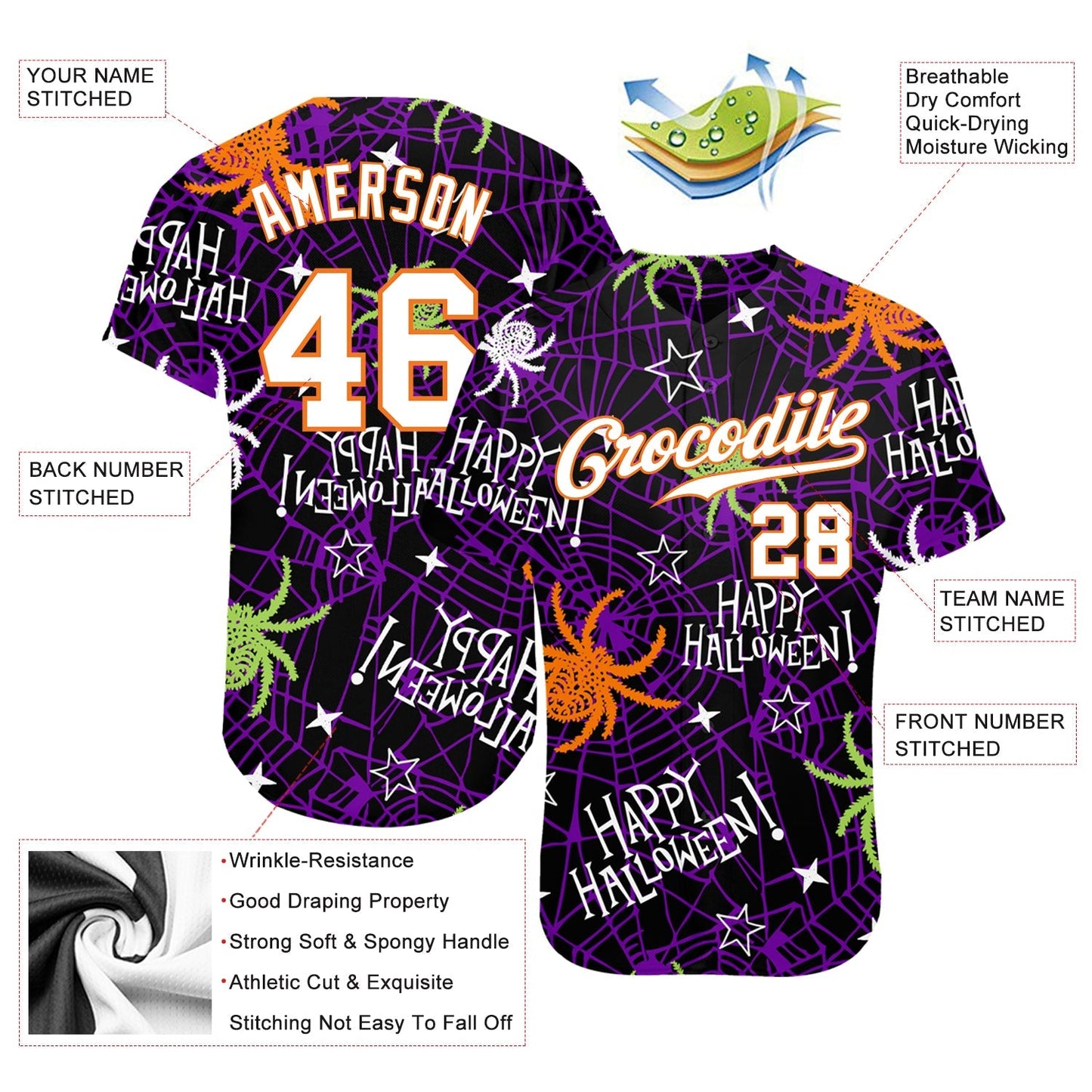 Frenzidea Custom 3D Pattern Happy Halloween Spiders Baseball Jersey