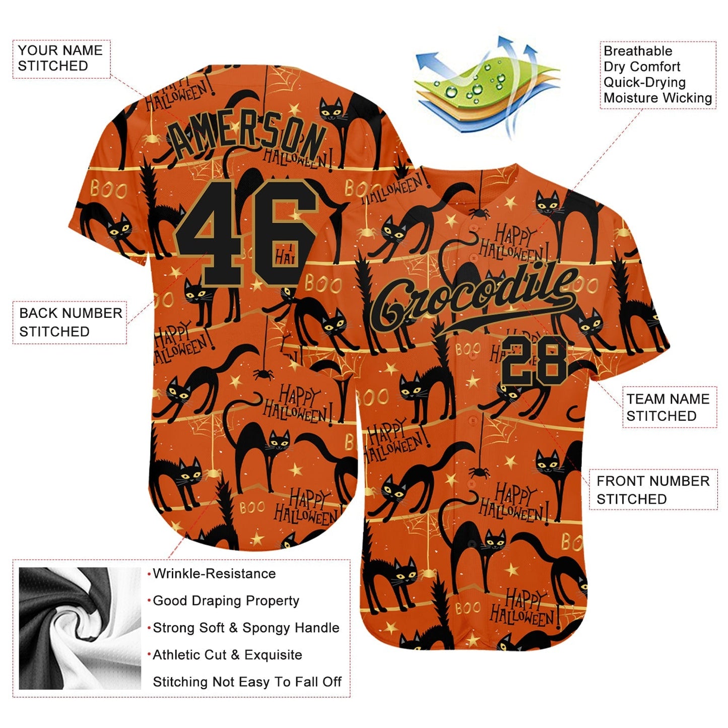 Frenzidea Custom 3D Pattern Happy Halloween Black Cats Spiders Baseball Jersey