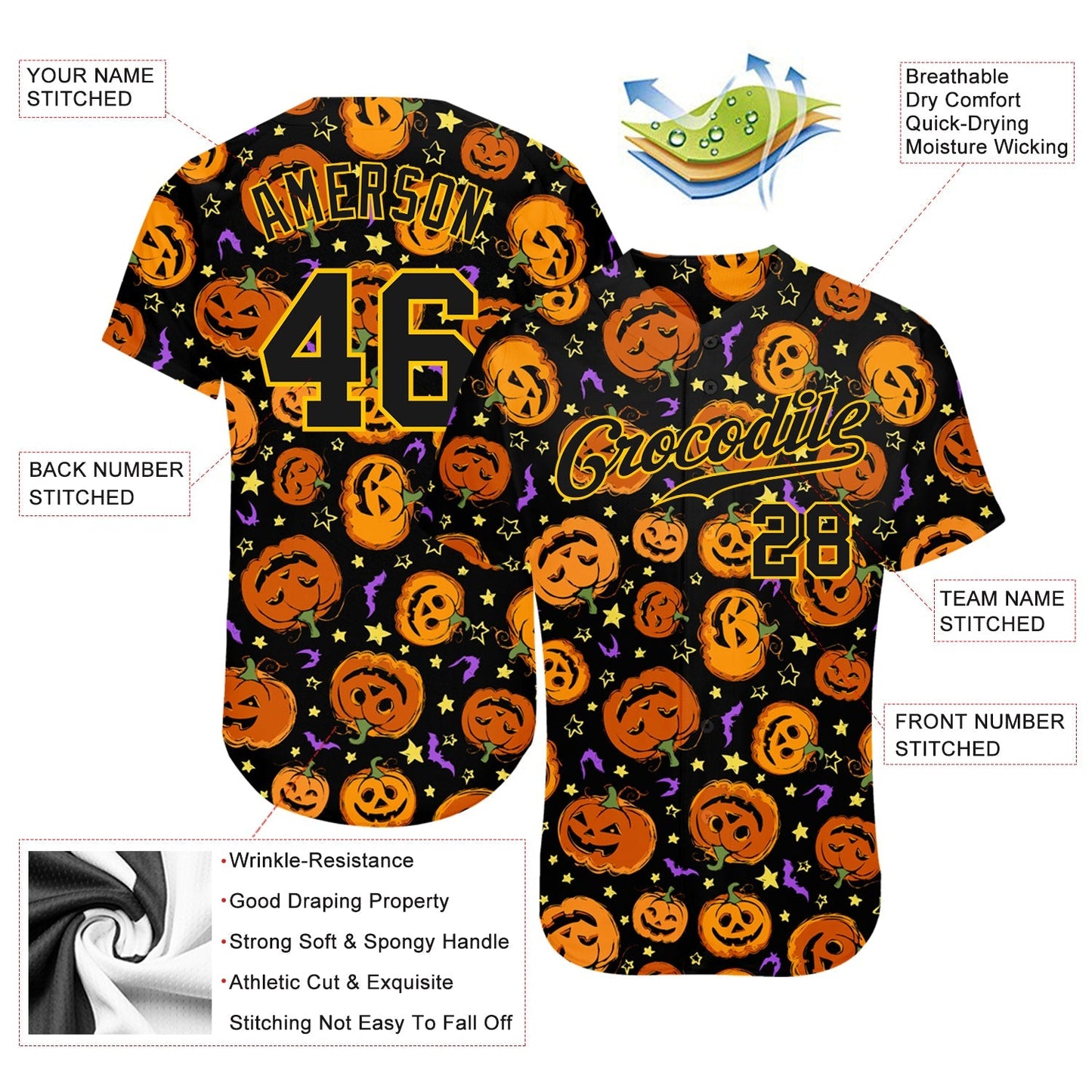 Frenzidea Custom 3D Pattern Halloween Pumpkins Bats Stars Baseball Jersey