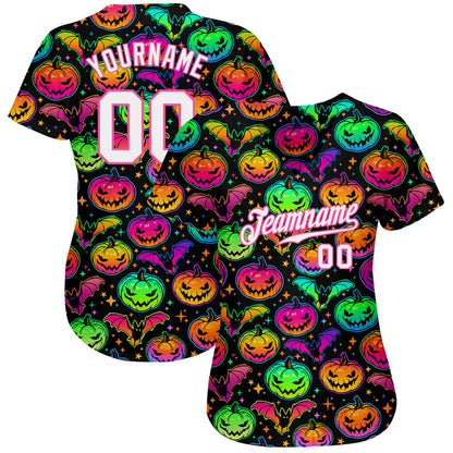 Frenzidea Custom 3D Pattern Bright Multicolored Halloween Pumpkins And Bats Baseball Jersey
