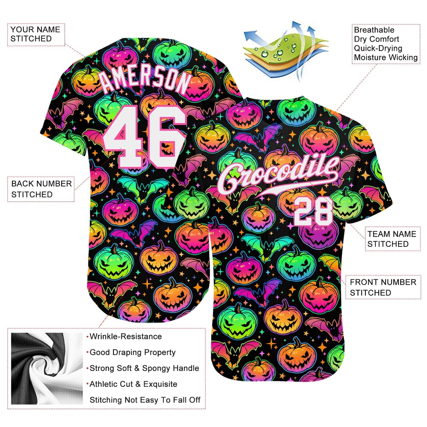 Frenzidea Custom 3D Pattern Bright Multicolored Halloween Pumpkins And Bats Baseball Jersey