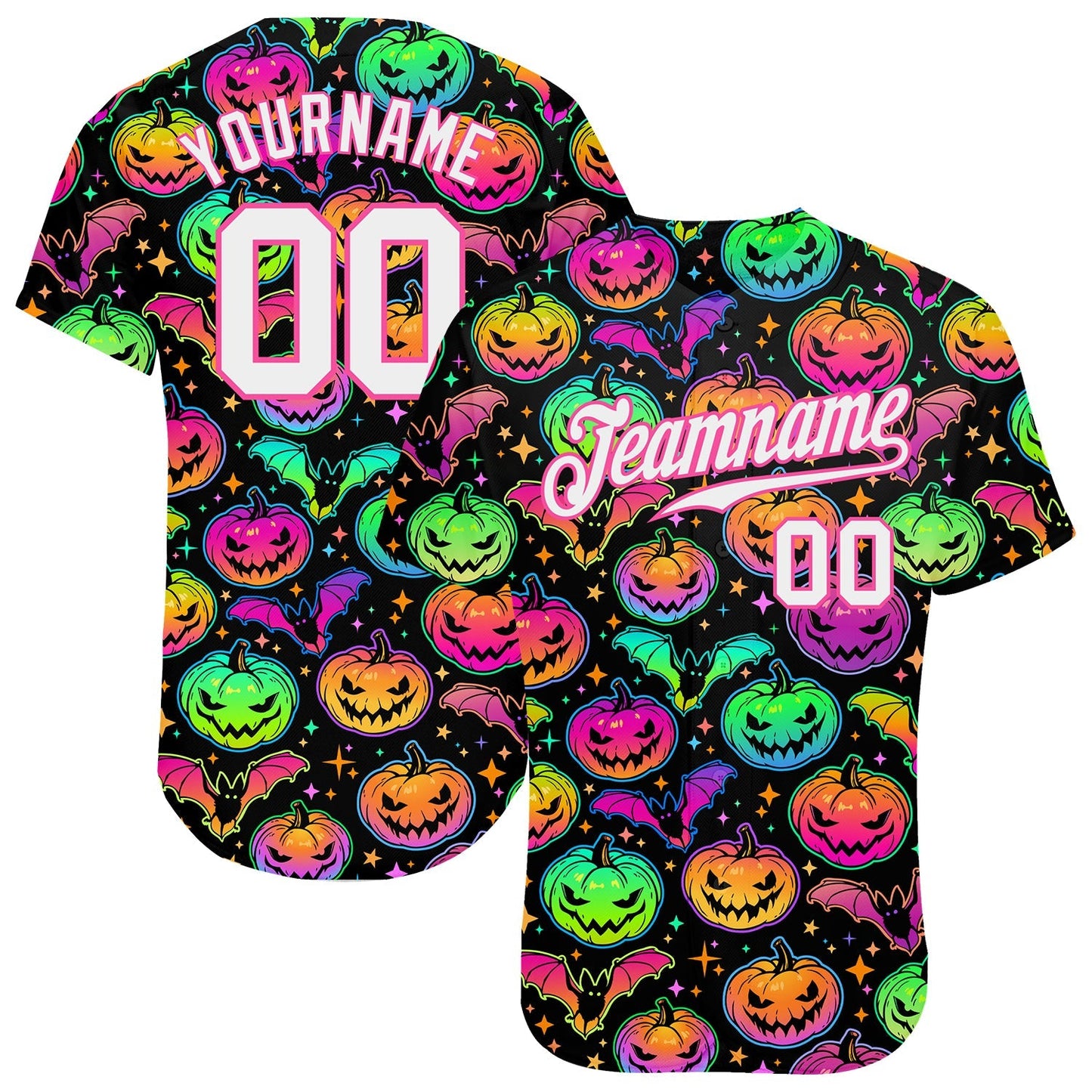 Frenzidea Custom 3D Pattern Bright Multicolored Halloween Pumpkins And Bats Baseball Jersey