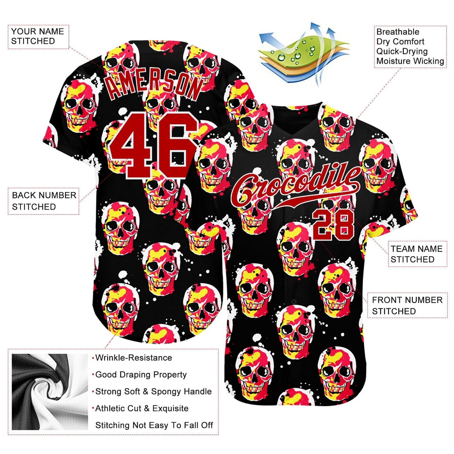 Frenzidea Custom 3D Pattern Halloween Skulls Baseball Jersey