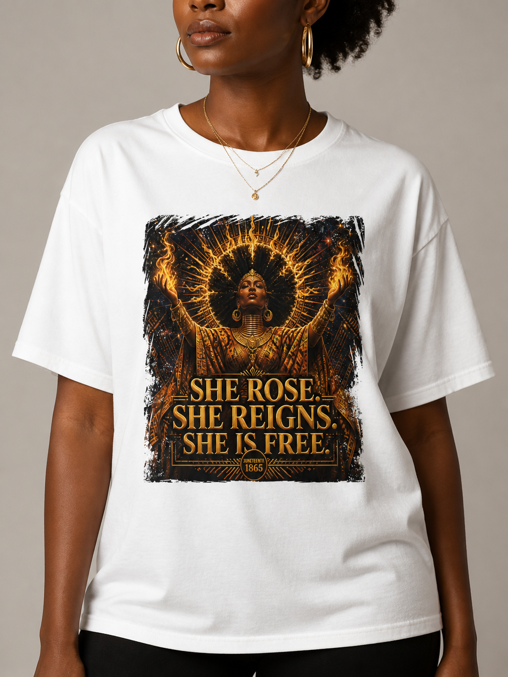She Rose She Reigns She Is Free: Juneteenth Goddess Graphic T-Shirt - RootednLoud