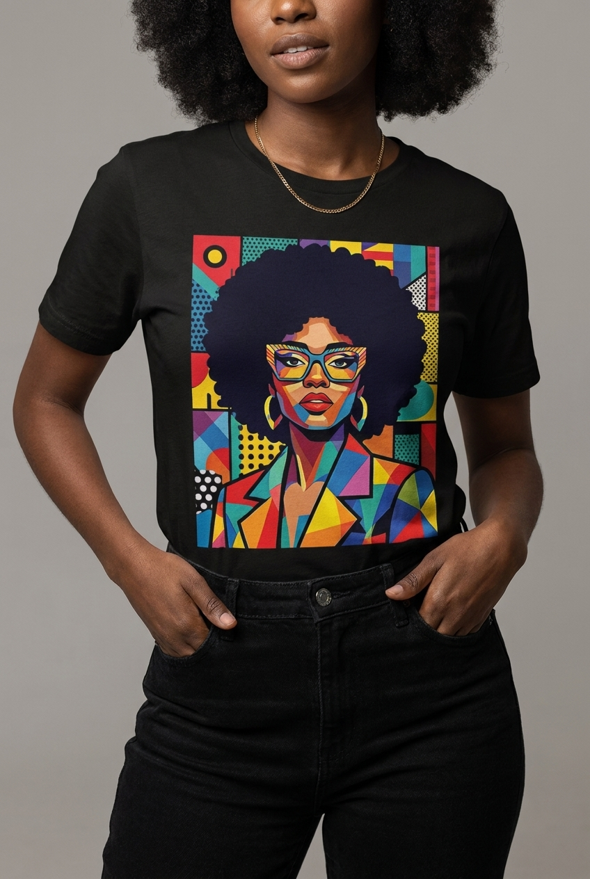 Black Queen Pop Art: Geometric Afro Portrait Graphic T-Shirt - RootednLoud