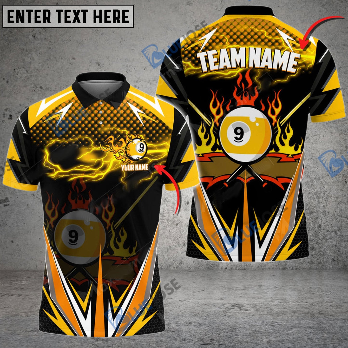Frenzidea Billiards 9 Ball Yellow Lightning Personalized Name, Team Name Shirt