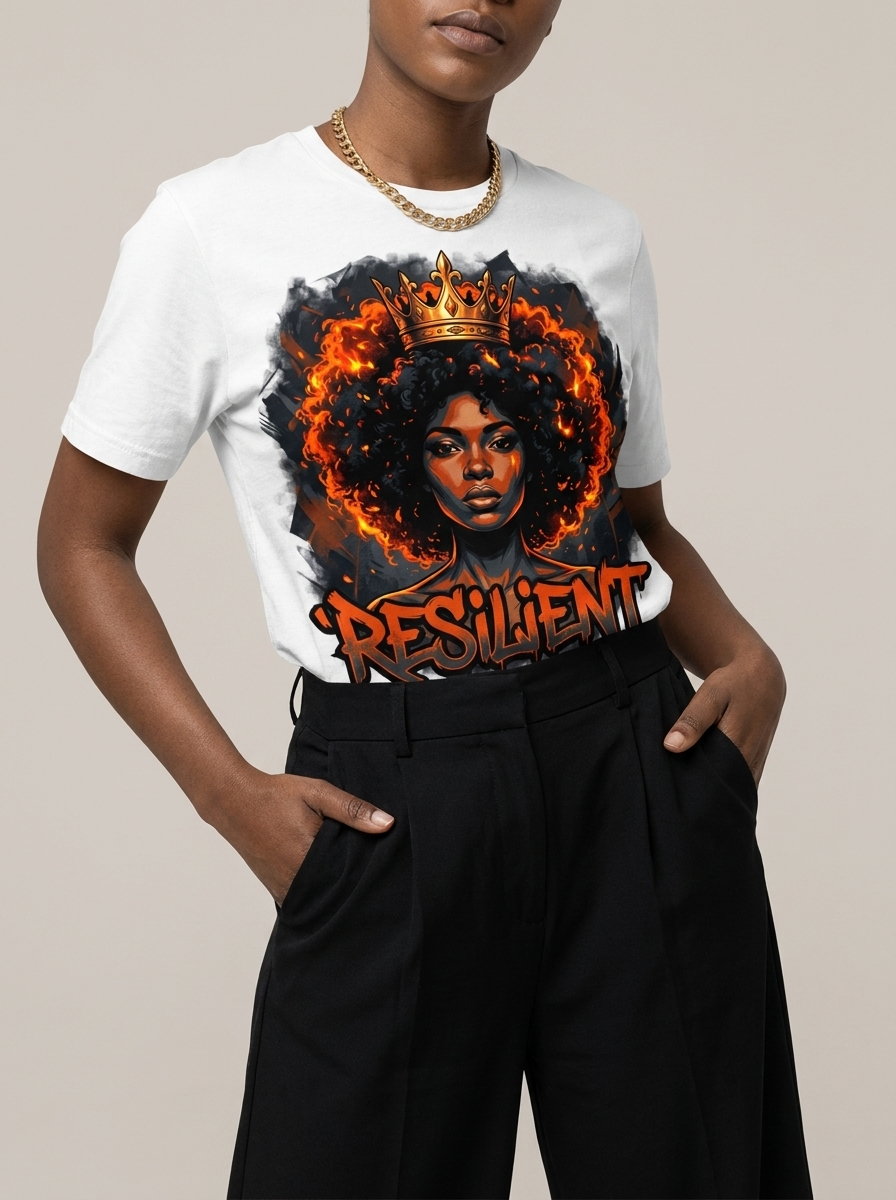 Resilient Black Queen: Fire Afro Crown Graphic T-Shirt - RootednLoud