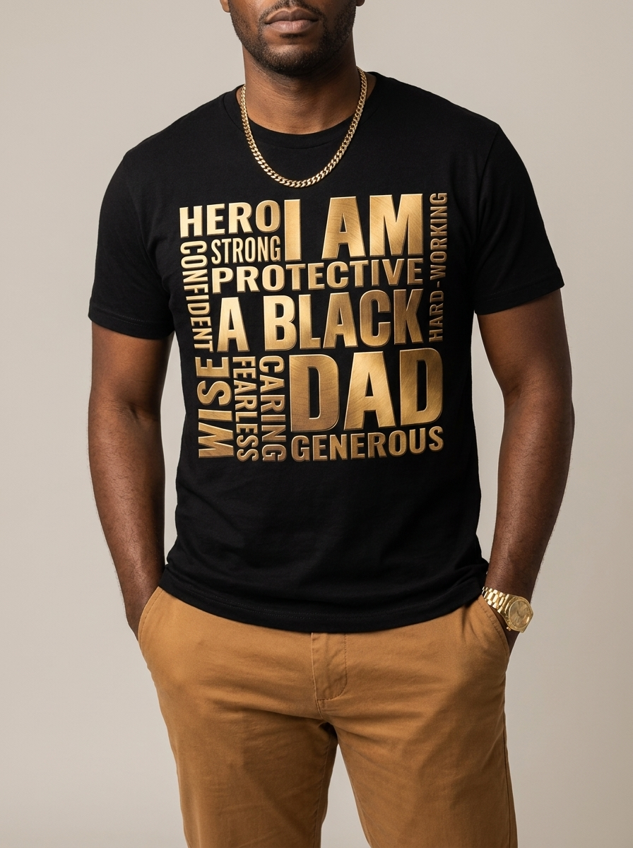 I Am A Black Dad: Golden Typography Empowerment Graphic T-Shirt - RootednLoud
