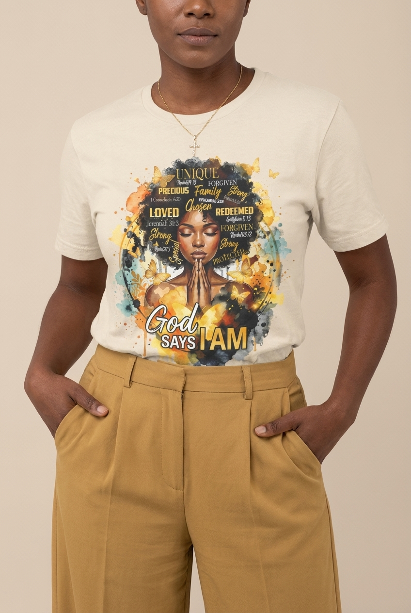 God Says I Am: Black Queen Christian Affirmations Graphic T-Shirt - RootednLoud