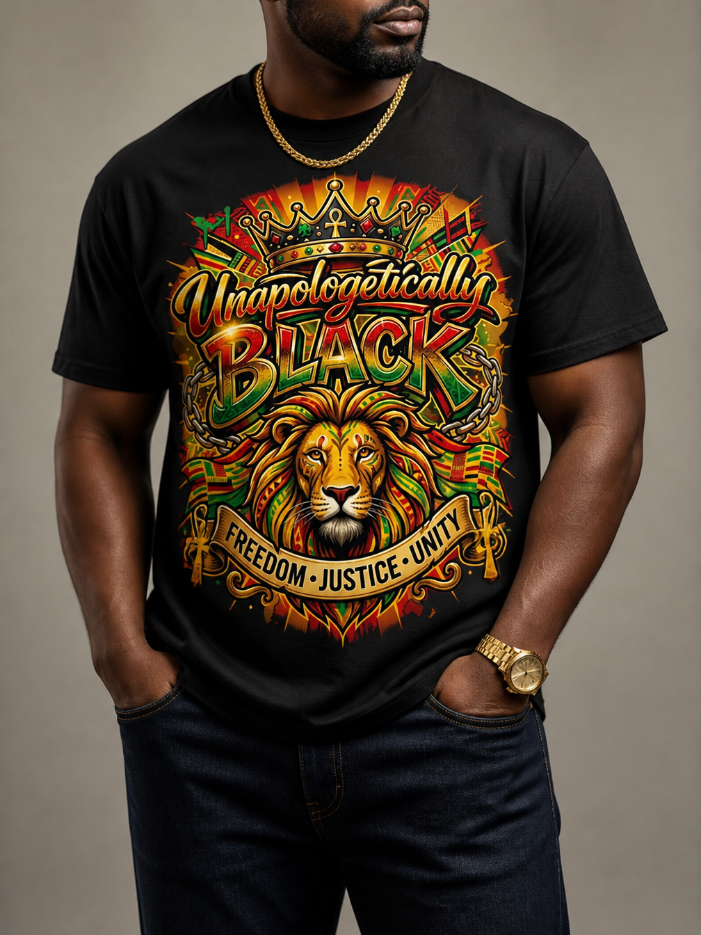 Unapologetically Black Lion Crown: Pan-African Pride Graphic T-Shirt - RootednLoud
