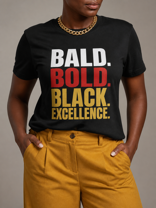 Bald & Bold: Black Excellence Typography Empowerment Graphic T-Shirt - RootednLoud