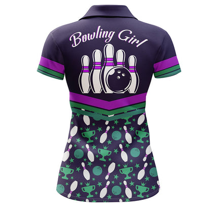 Frenzideas Purple Bowling Ball And Pins Pattern Customized Name All Over Printed Shirt For Women